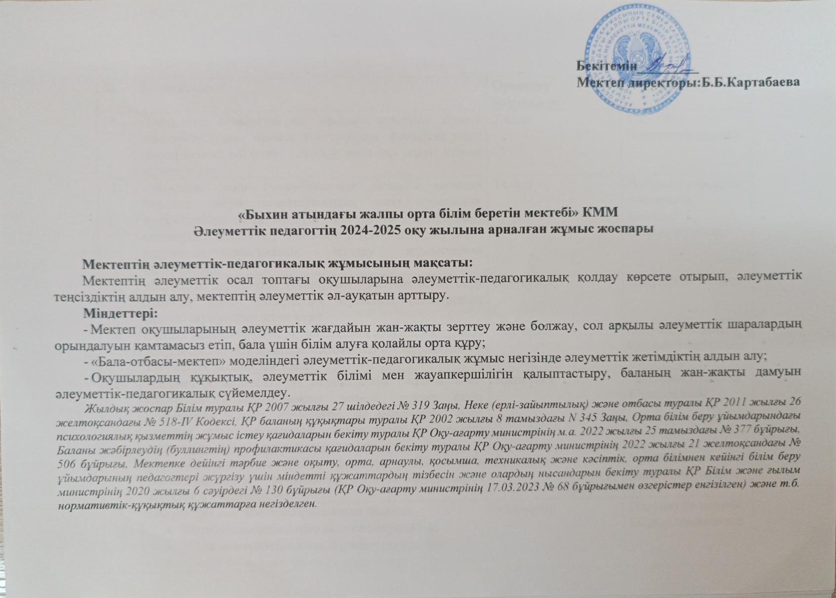 Әлеуметтік педагог 2024-2025 оқу жылының жұмыс жоспары