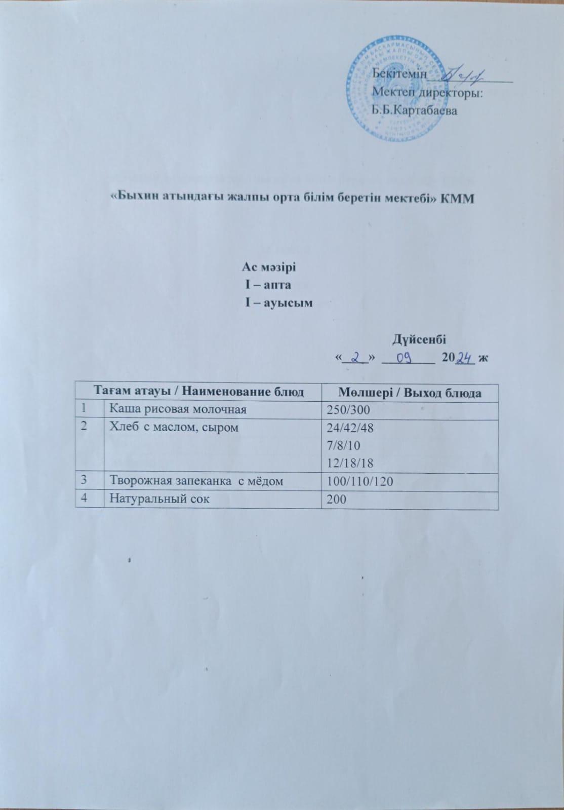 Апта мәзірі 2024-2025 оқу жылы I апта